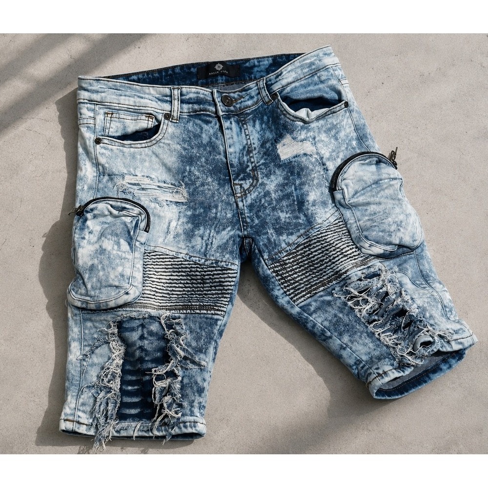 Focus Moto Denim Cargo Shorts‎ Men 32 Blue Acid Wash Distressed Y2K Style EUC